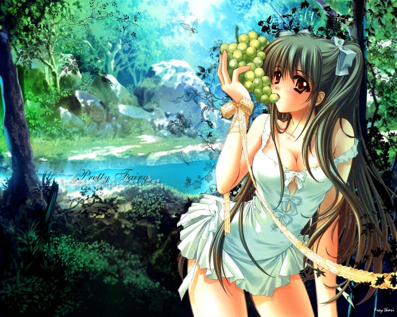 Anime girl with grapes in forest