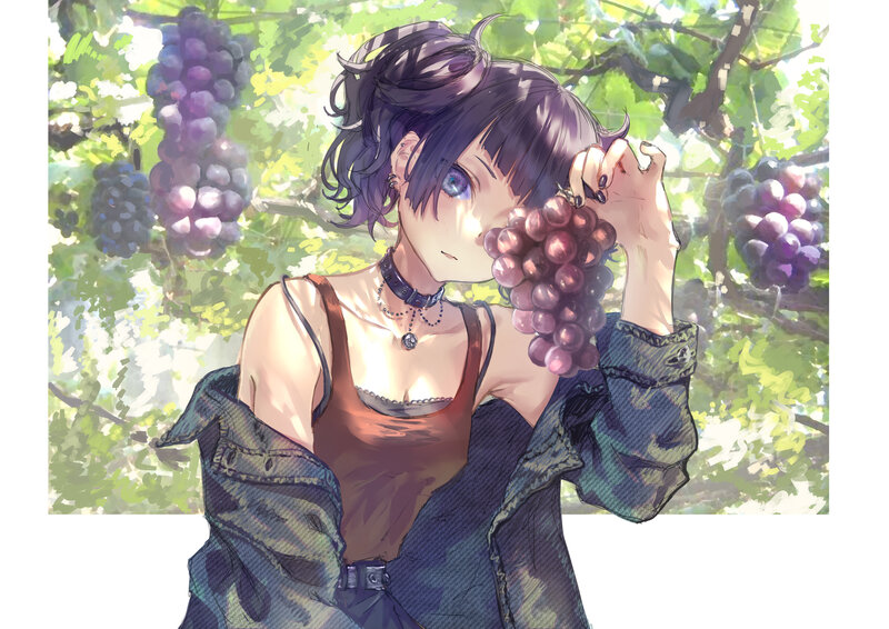 Anime Girl with Grapes — Purple, Serene, Afternoon