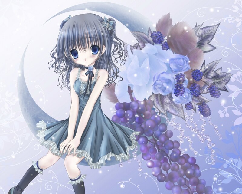 Anime Girl with Grapes — Purple, Serene