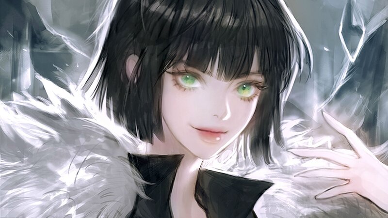 Anime Girl with Green Eyes — Black, Dramatic, Digital Art, Black Hair