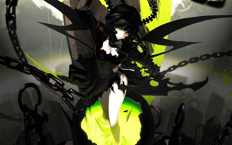 Anime Girl with Green Eyes — Black, Dramatic, Digital Art, Chains