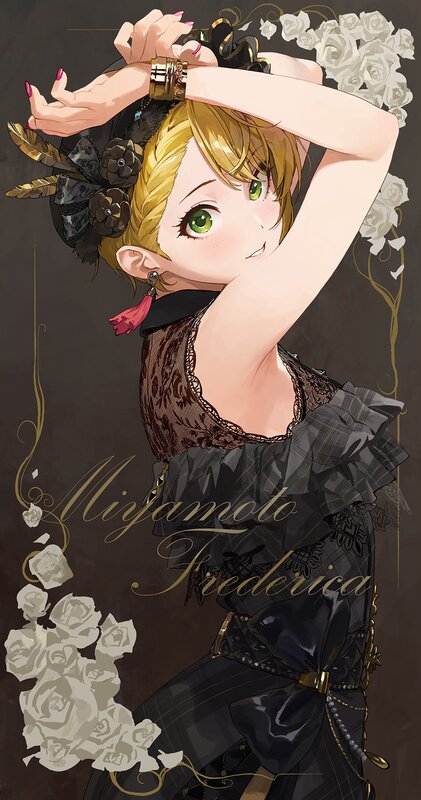 Anime Girl with Green Eyes — Black, Dramatic, Digital Art, White Roses