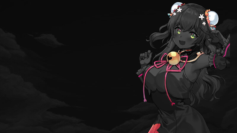 Anime Girl with Green Eyes — Black, Dramatic, Night, Digital Art, Flowers