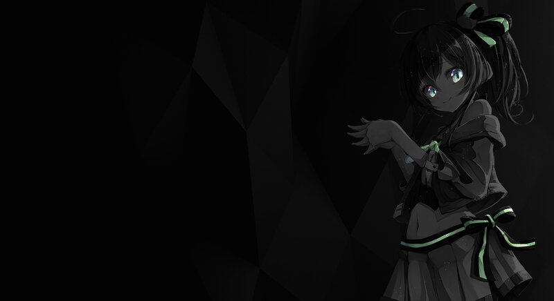Anime Girl with Green Eyes — Black, Dramatic, Night, Digital Art, Green Bow