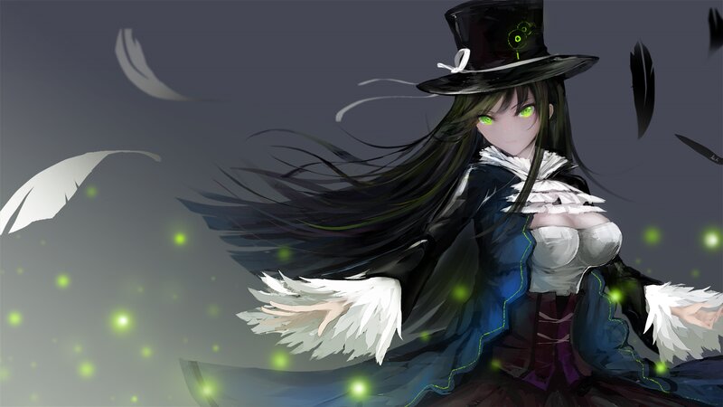 Anime Girl with Green Eyes — Black, Dramatic, Night, Digital Art, Top Hat