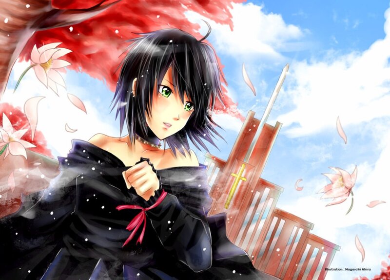 Anime Girl with Green Eyes — Black, Dramatic, Spring
