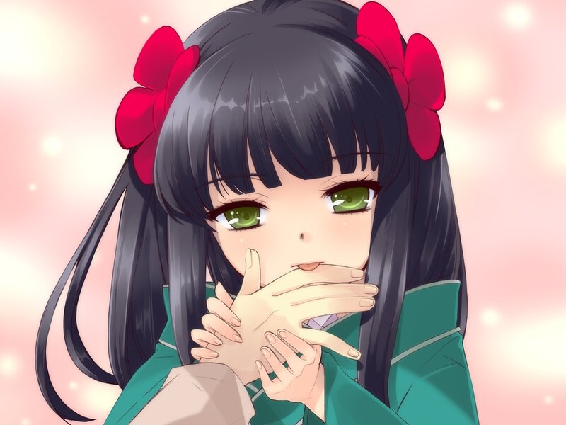 Anime Girl with Green Eyes — Black, Dreamy, Red Bow