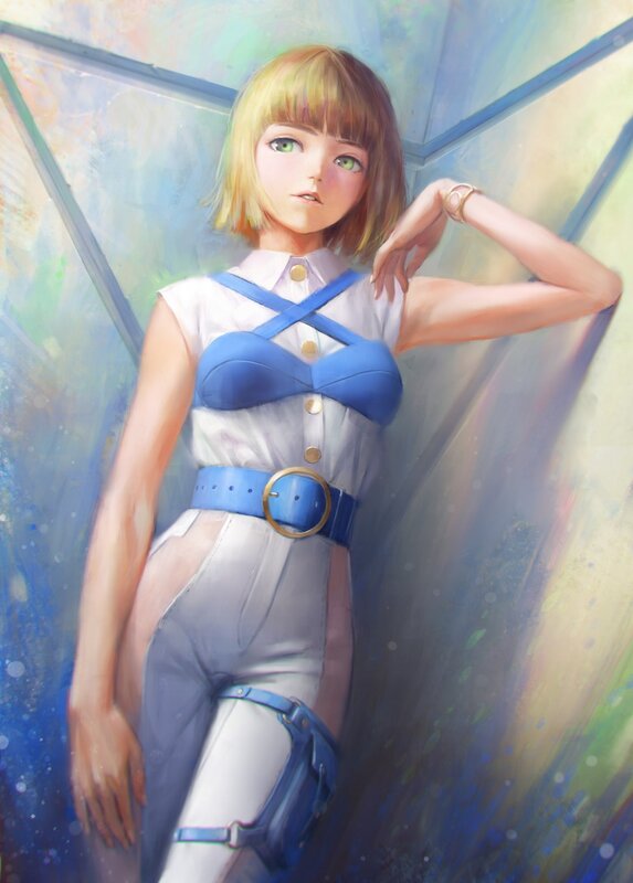 Anime Girl with Green Eyes — Blue, Calm, Digital Art, Blue Belt