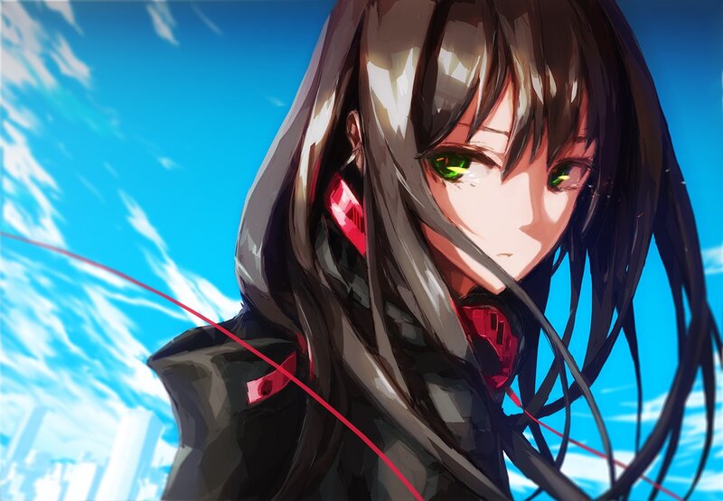 Anime Girl with Green Eyes — Blue, Dramatic, Afternoon, Digital Art