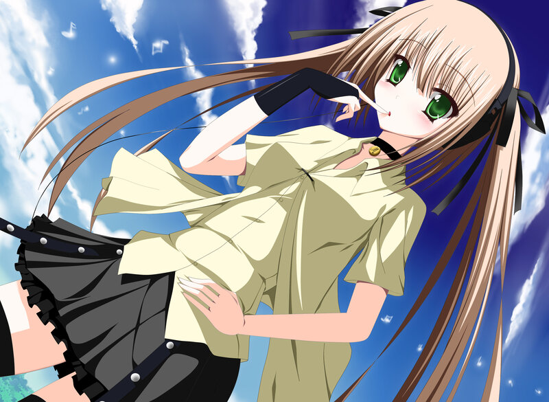 Anime Girl with Green Eyes — Blue, Playful, Afternoon