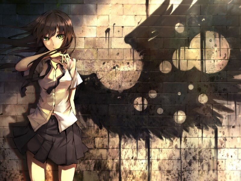 Anime Girl with Green Eyes — Brown, Dramatic, Brick Wall