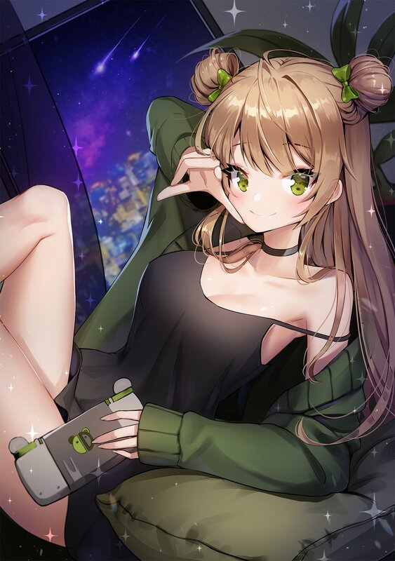 Anime Girl with Green Eyes — Dreamy, Night, Digital Art