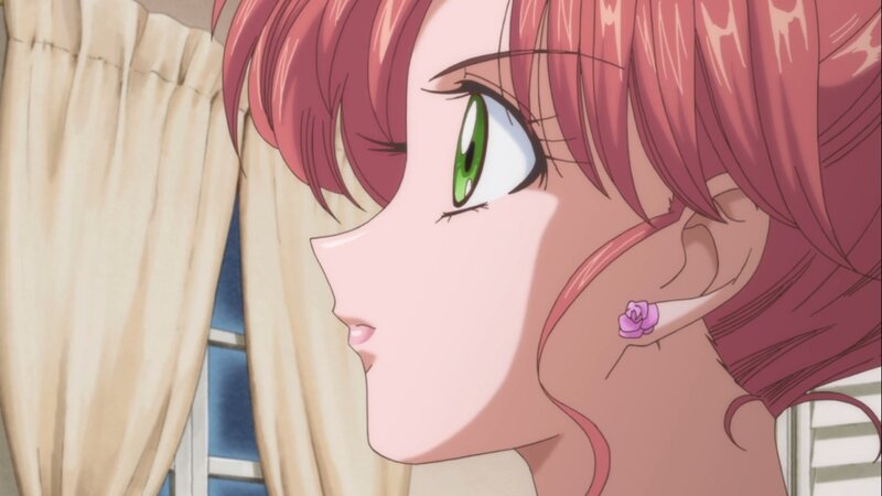 Anime Girl with Green Eyes — Pink, Calm, Curtain