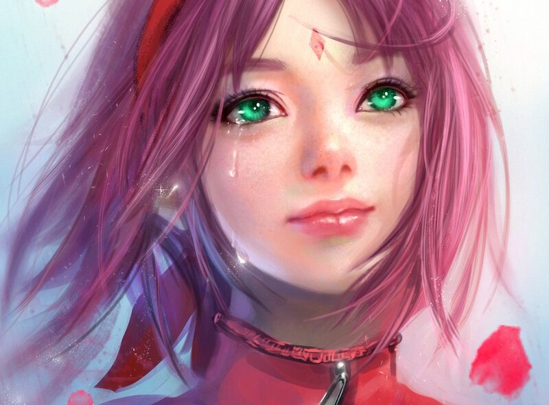 Anime Girl with Green Eyes — Pink, Dramatic, Digital Art, Tears