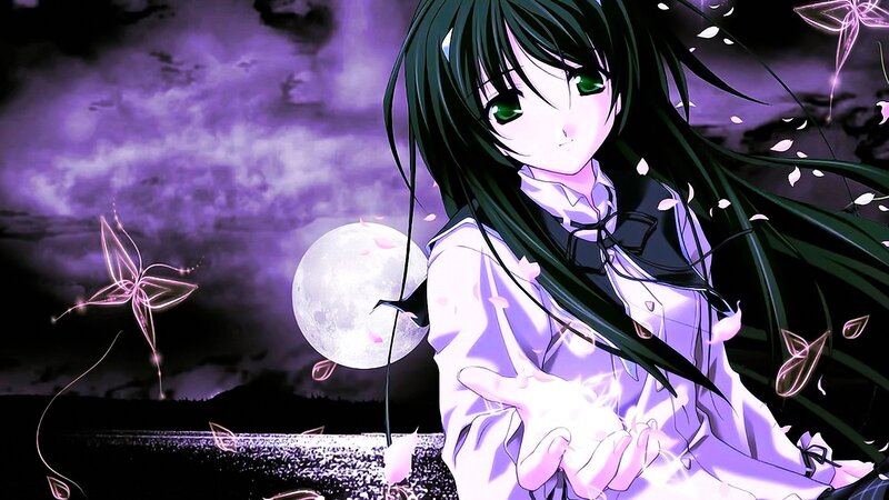 Anime Girl with Green Eyes — Purple, Dreamy, Night