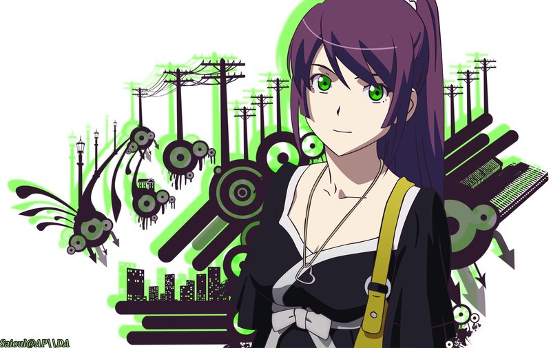 Anime Girl with Green Eyes — Purple, Stylized, Cityscape