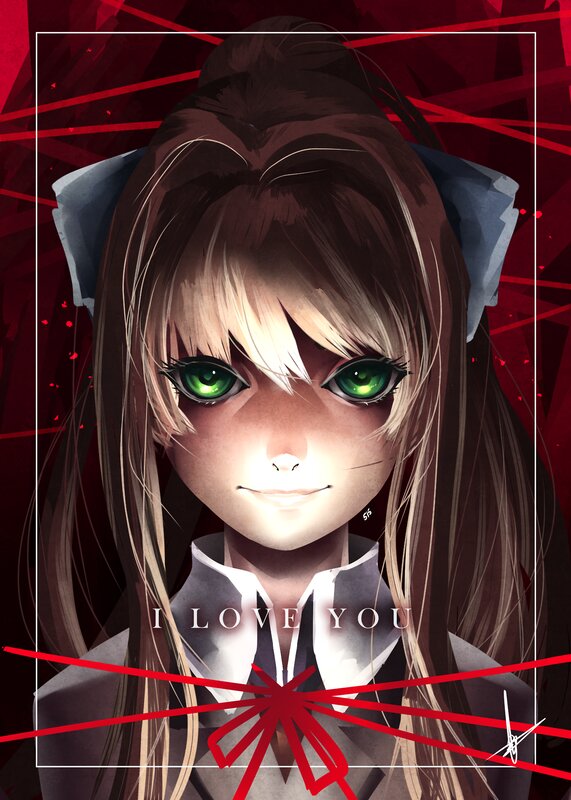 Anime Girl with Green Eyes — Red, Dramatic, Digital Art