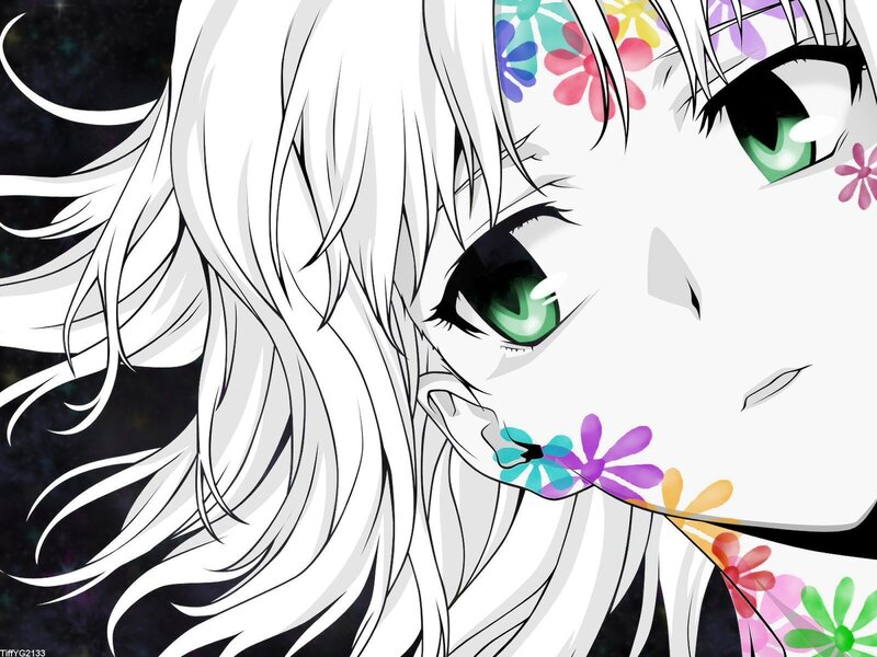 Anime Girl with Green Eyes — White, Dramatic