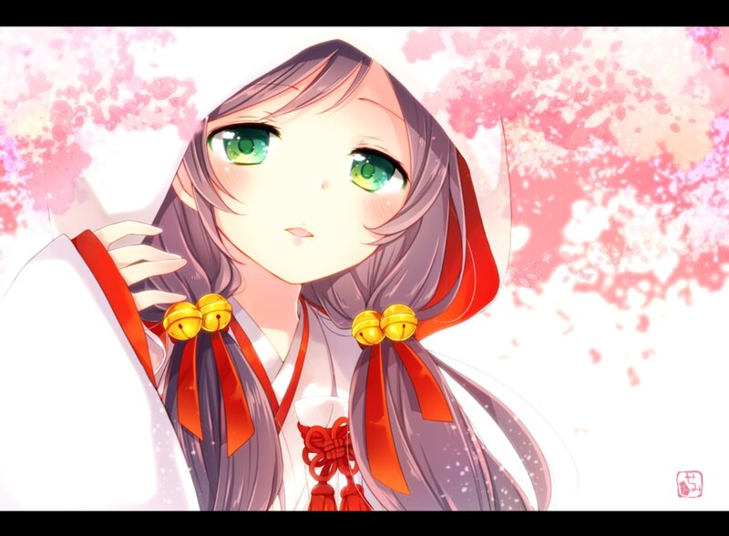 Anime Girl with Green Eyes — White, Serene, Spring, Cherry Blossoms