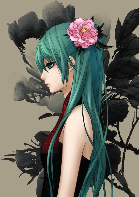 Anime girl with green hair and flower