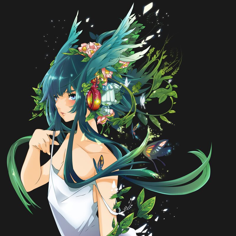 anime girl with green hair and plants