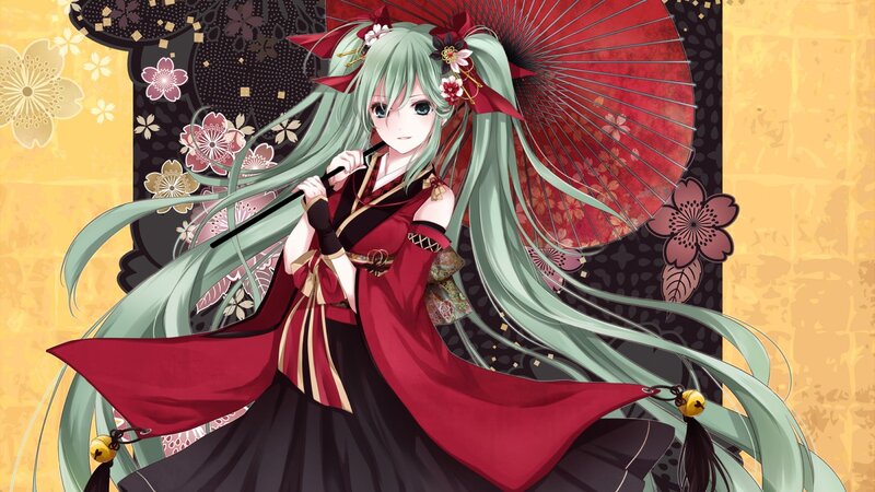 anime girl with green hair and red parasol