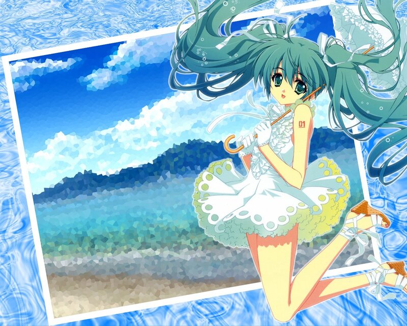 Anime girl with green hair at beach