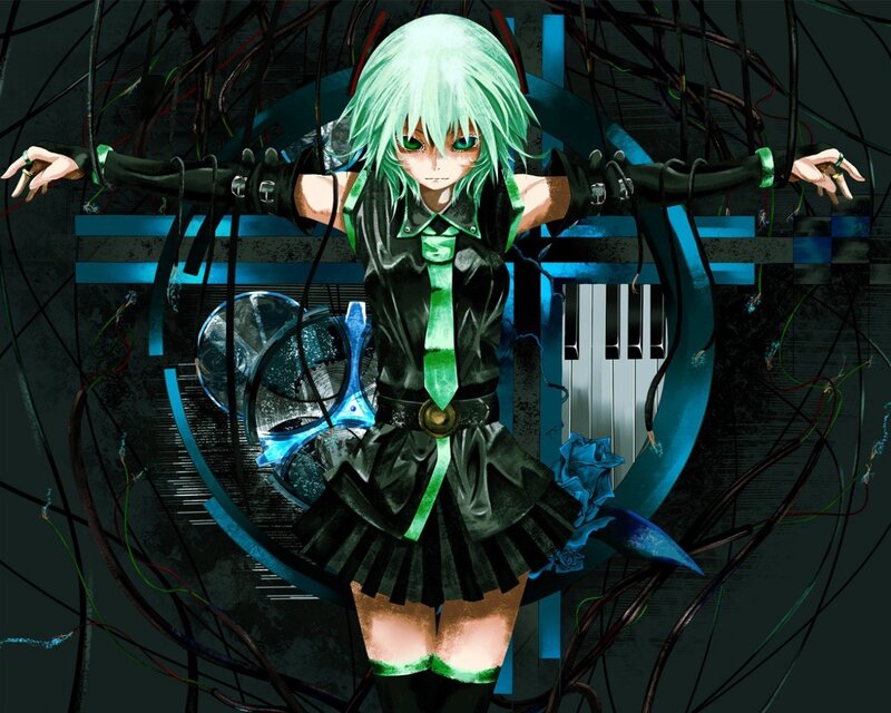 Anime Girl with Green Hair — Black, Dramatic, Digital Art