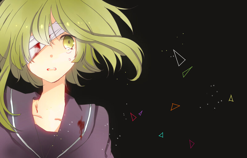 Anime Girl with Green Hair — Black, Dramatic, Night, Bandage