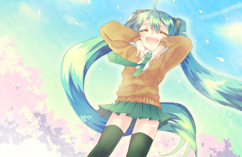 Anime Girl with Green Hair — Blue, Cheerful