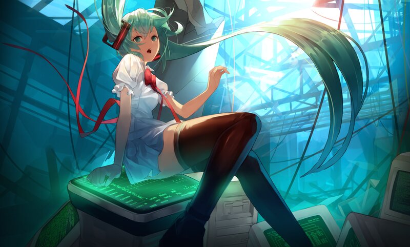 Anime Girl with Green Hair — Blue, Dramatic, Digital Art, Computer, Ribbon