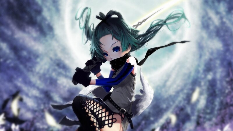 Anime Girl with Green Hair — Blue, Dramatic, Digital Art, Sword