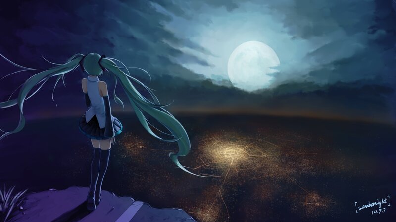 Anime Girl with Green Hair — Blue, Dramatic, Night, Digital Art, Moon