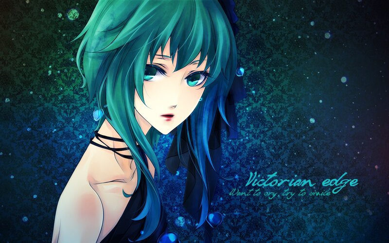 Anime Girl with Green Hair — Blue, Dramatic, Night, Digital Art, Text