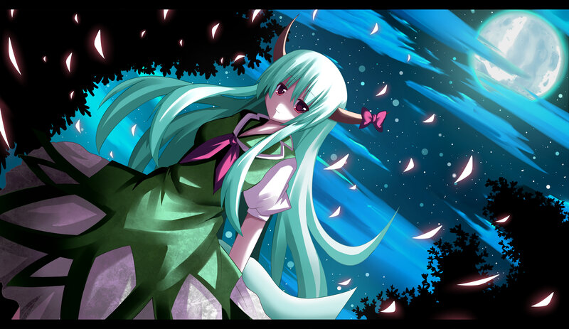 Anime Girl with Green Hair — Blue, Dramatic, Night, Digital Art
