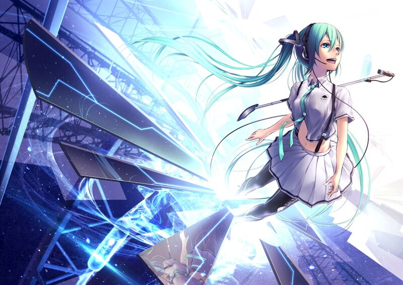 Anime Girl with Green Hair — Blue, Dynamic, Digital Art, Headset
