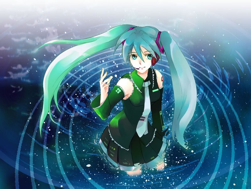 Anime Girl with Green Hair — Blue, Dynamic, Digital Art, Microphone