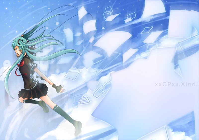 Anime Girl with Green Hair — Blue, Dynamic, School Uniform