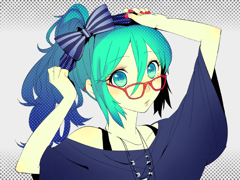Anime Girl with Green Hair — Blue, Playful, Glasses, Bow, Necklace