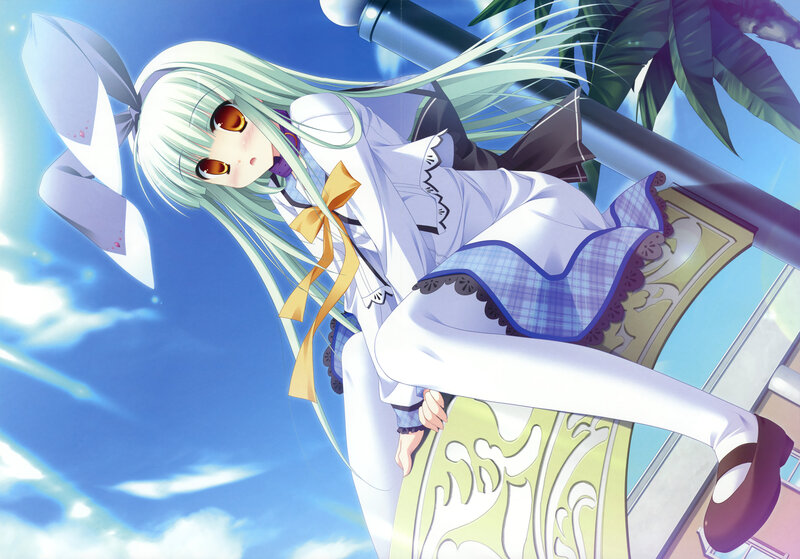 Anime Girl with Green Hair — Blue, Serene, Afternoon, Blue Sky