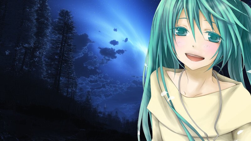 Anime Girl with Green Hair — Blue, Serene, Night, Forest