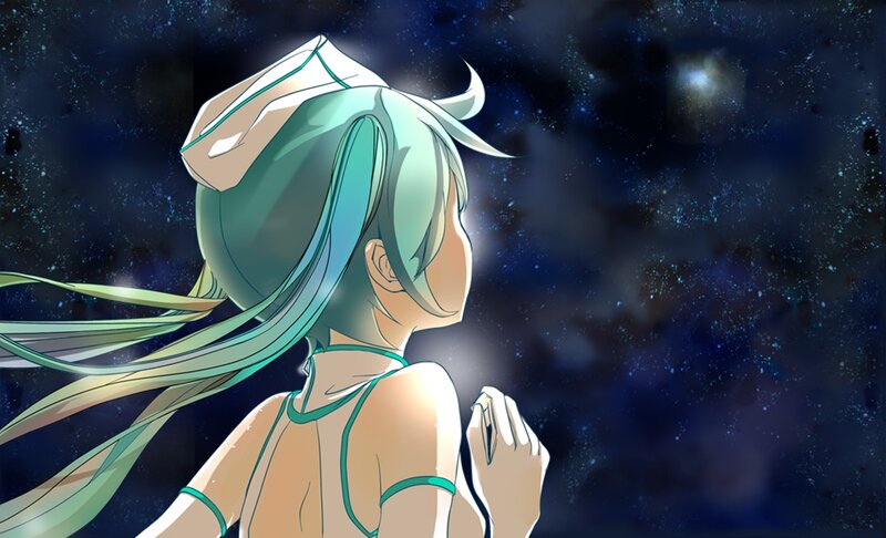 Anime Girl with Green Hair — Blue, Serene, Night