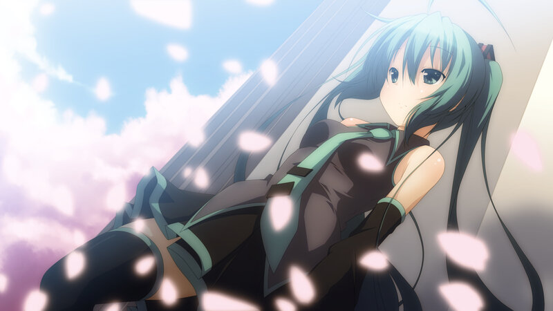 Anime Girl with Green Hair — Blue, Serene, Spring