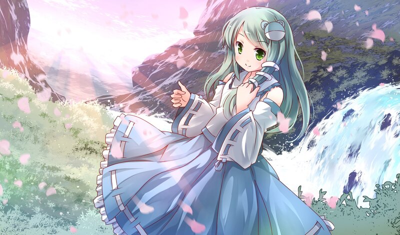 Anime Girl with Green Hair — Blue, Serene, Spring, Waterfall