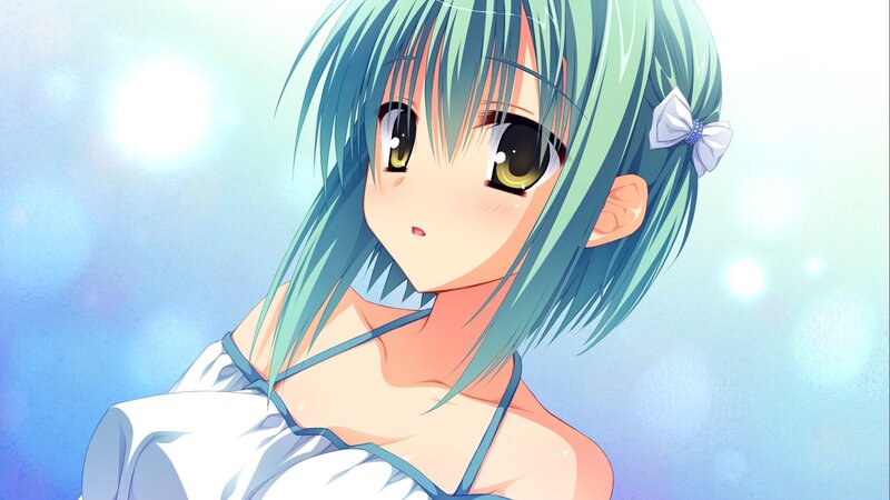 Anime Girl with Green Hair — Blue, Serene, White Bow