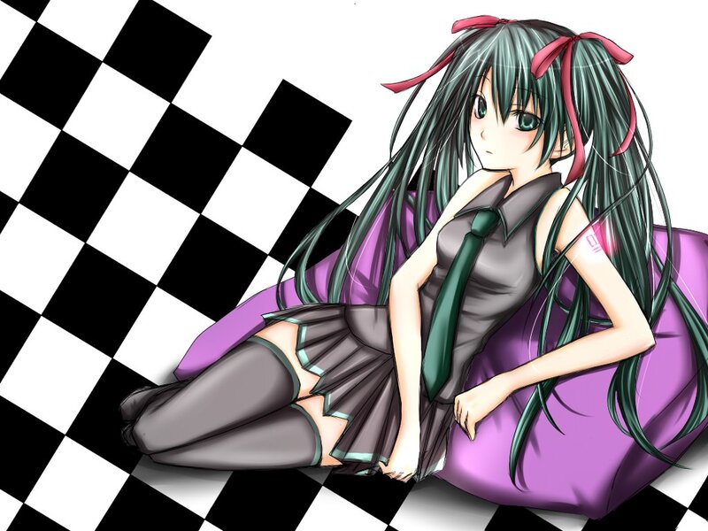 Anime Girl with Green Hair — Calm, Checkered Floor