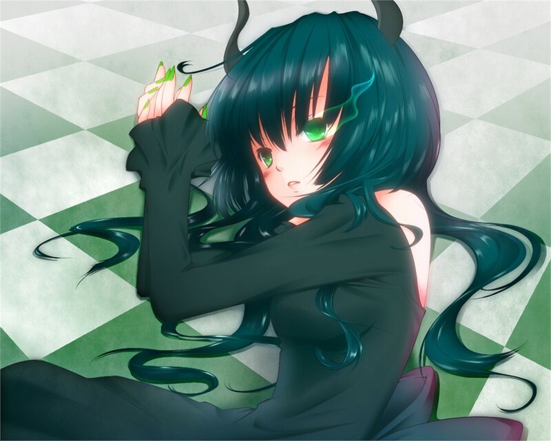 Anime Girl with Green Hair — Calm, Digital Art, Green Eyes, Horns