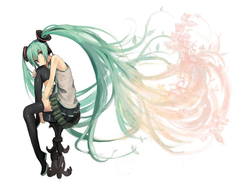 Anime Girl with Green Hair — Calm, Digital Art, Long Hair, Flowers