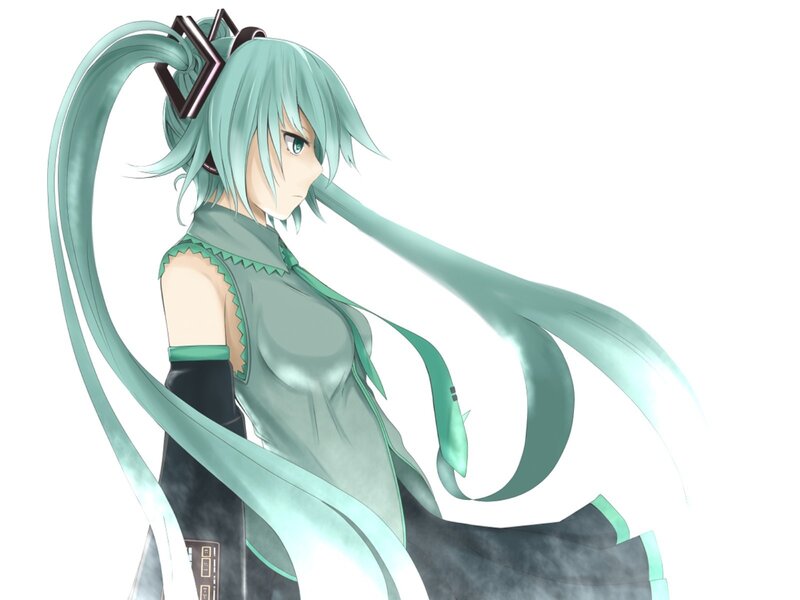 Anime Girl with Green Hair — Calm, Digital Art, Long Hair, Headset, Dress