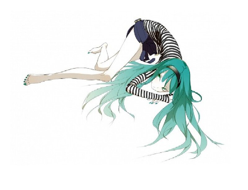 Anime Girl with Green Hair — Calm, Digital Art, Long Hair, Striped Shirt